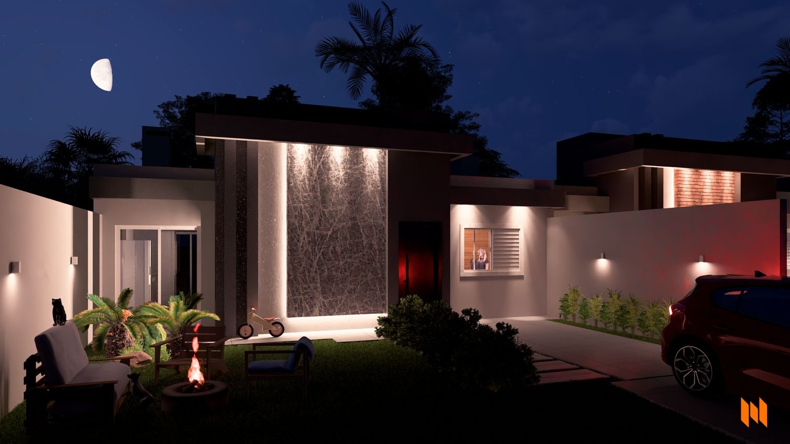 Residência 4K — render noturno com painel de pedra iluminado e jardim tropical