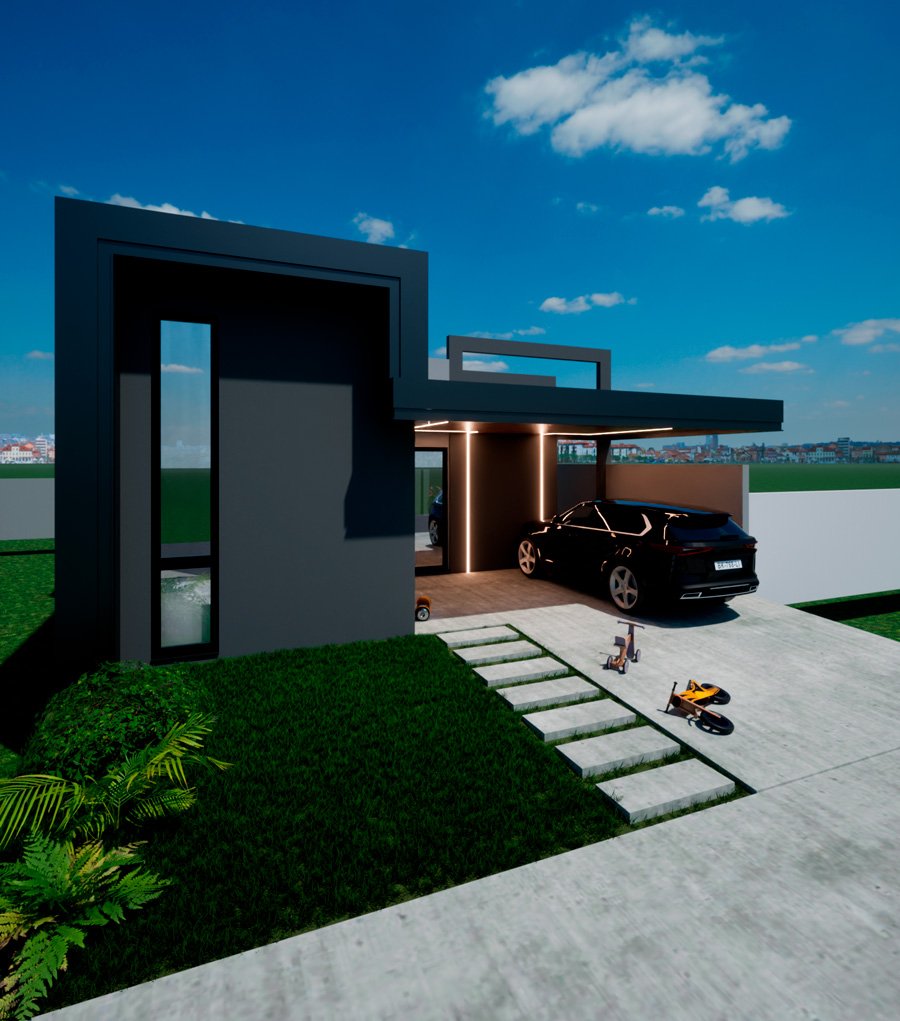 Vista lateral com jardim e calçamento decorativo