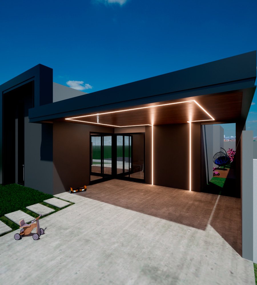 Vista noturna da fachada com iluminação externa